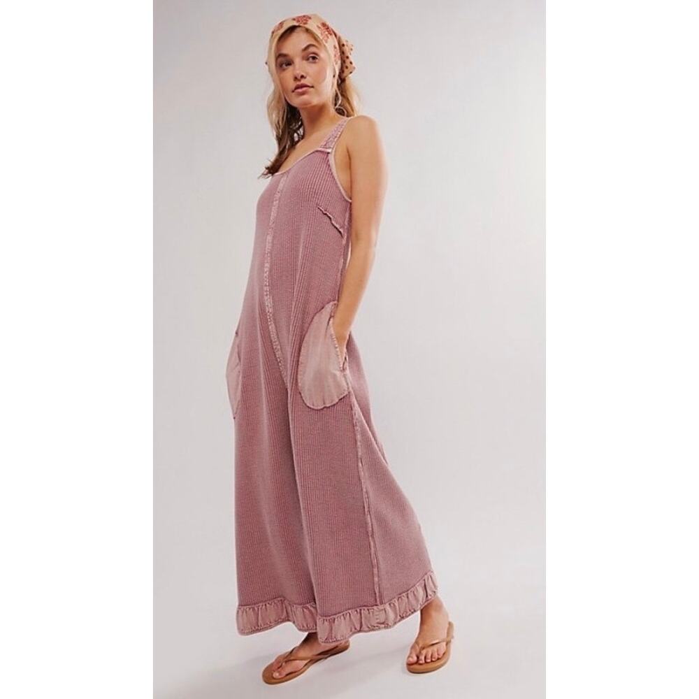 NWT Free People One Callie One-Piece Jumpsuit Wide-Leg Waffle Rose SZ L